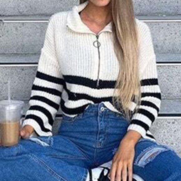 Cozy Striped Zipper Knit oversized Sweater - Picture 1 of 6